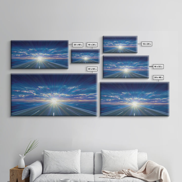 Blue Highway Light Burst Canvas Print, Radiant Horizon Road, Modern Abstract Art, Retro Wall Art, Home Office Decor, Large Prints