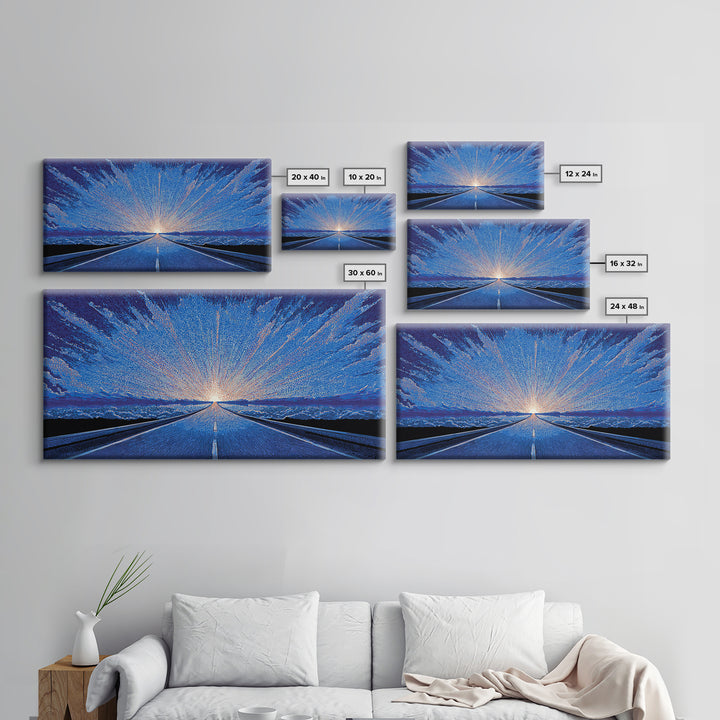 Icy Blue Road Sunrise Wall Art, Winter Horizon Light Burst, Modern Digital Art, Retro Poster, Statement Wall Decor, Home Office Art