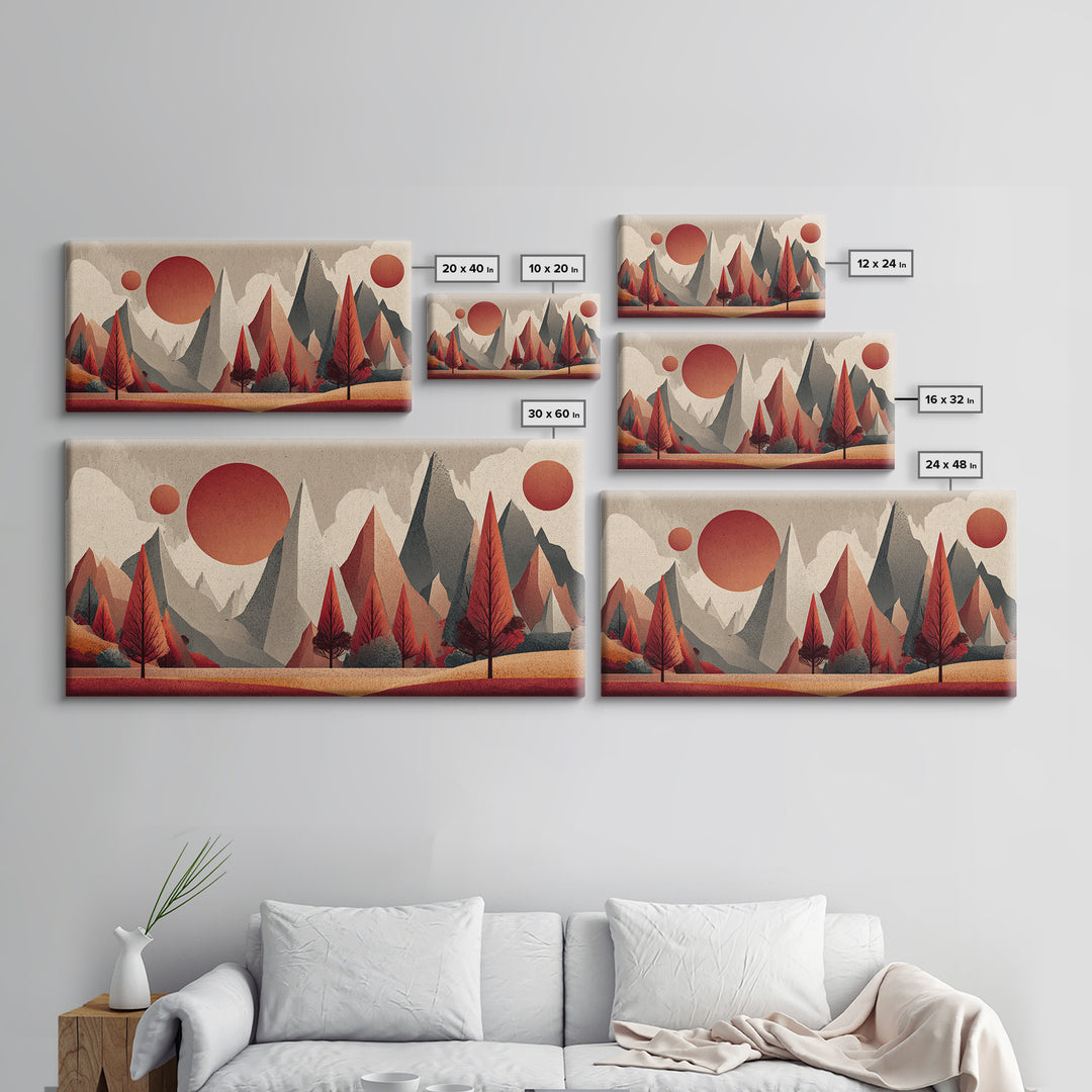 Red Pine Mountain Sunrise Wall Art, Midcentury Modern Abstract Landscape Print, Retro MCM Cabin Decor, Framed Canvas Print