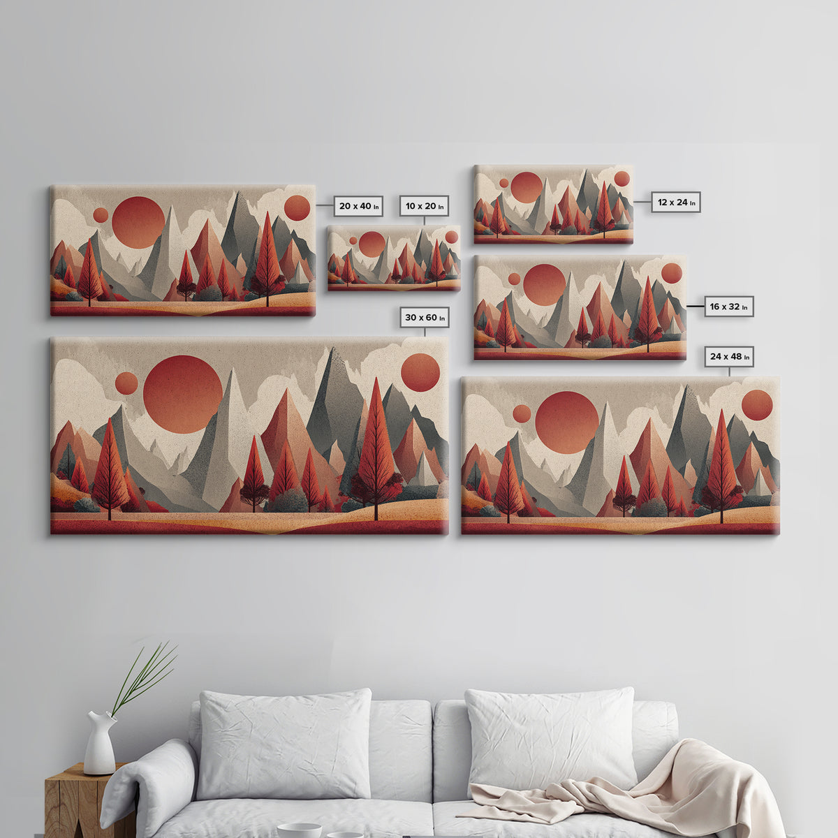 Red Pine Mountain Sunrise Wall Art, Midcentury Modern Abstract Landscape Print, Retro MCM Cabin Decor, Framed Canvas Print