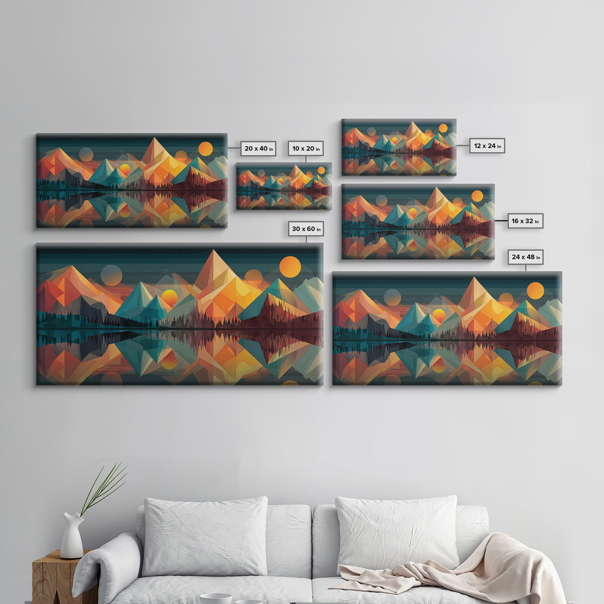 Colorful Geometric Mountain Lake Canvas Print, Midcentury Modern Wall Art, Abstract Landscape Poster, Retro MCM Cabin Home Decor