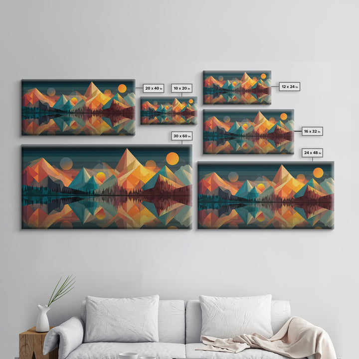 Colorful Geometric Mountain Lake Canvas Print, Midcentury Modern Wall Art, Abstract Landscape Poster, Retro MCM Cabin Home Decor