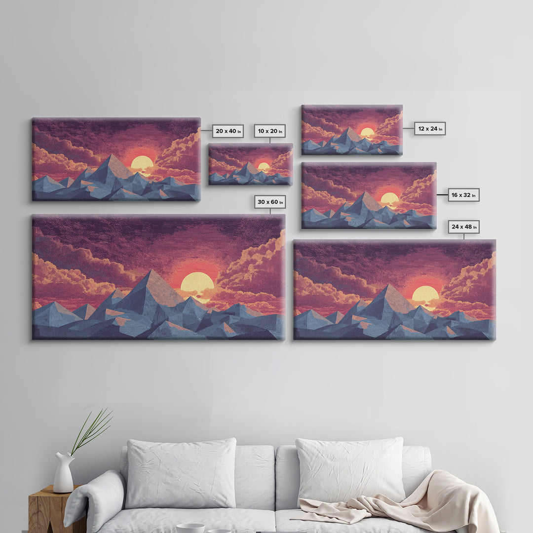 Textured Purple Mountain Sunset Wall Art, Retro Midcentury Modern Landscape Print, Scenic Bedroom Decor, Framed Canvas Print