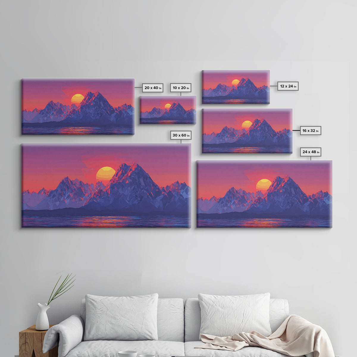 Alpine Mountain Lake Sunset Canvas Print, Blue Purple Landscape Wall Art, Modern Retro Poster, Bedroom Home Office Decor