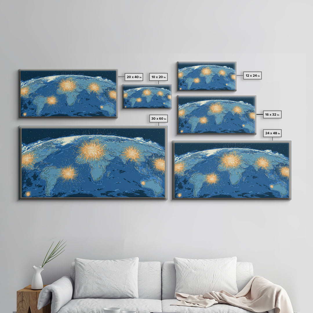 Blue World Map With Orange Network Bursts Wall Art, Modern Global Travel Print, Large Home Office Decor, Framed Canvas Print