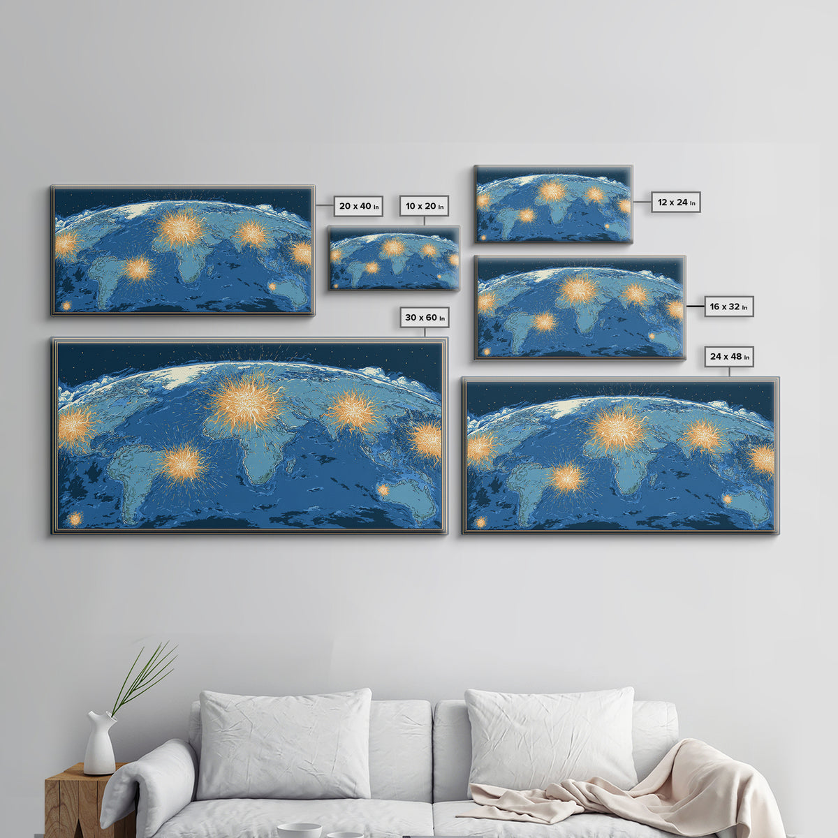 Blue World Map With Orange Network Bursts Wall Art, Modern Global Travel Print, Large Home Office Decor, Framed Canvas Print