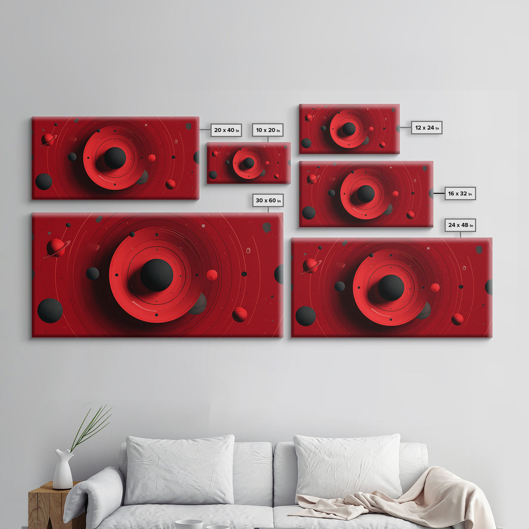 Red Black Planetary Rings Canvas Print, Midcentury Modern Cosmic Wall Art, Sci Fi Space Poster, Atomic Retro MCM Decor Art
