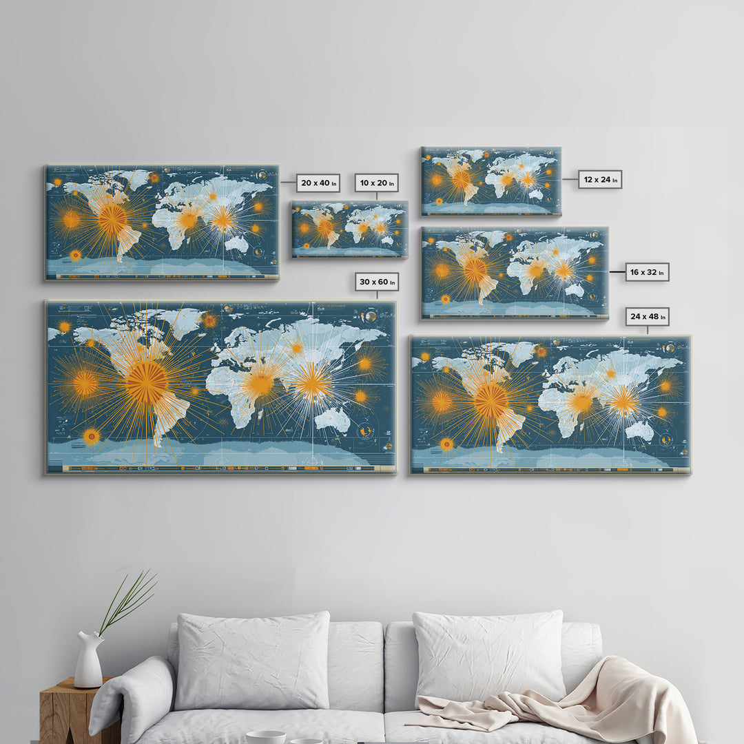 Detailed Blue World Map Network Canvas Print, Modern Office Wall Art, Global Travel Poster, Large Home Decor, Digital Art Print