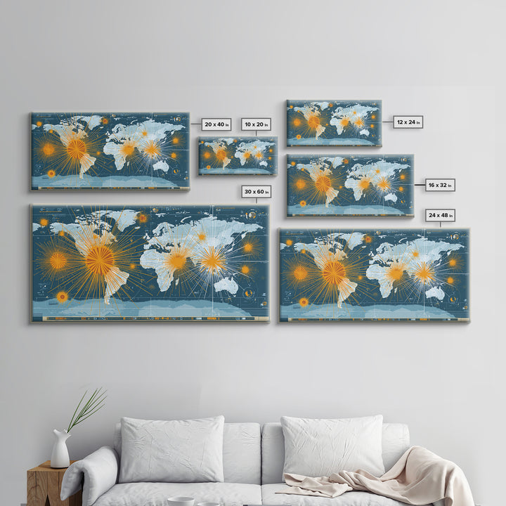 Detailed Blue World Map Network Canvas Print, Modern Office Wall Art, Global Travel Poster, Large Home Decor, Digital Art Print