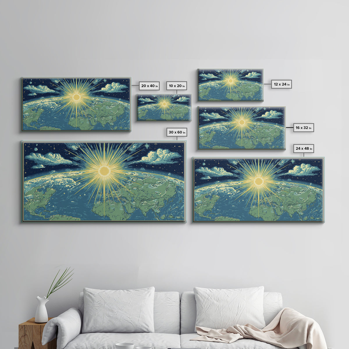 Radiant Sunrise World Map Wall Art, Celestial Earth Poster, Midcentury Modern Art Print, Starry Travel Decor For Living Room