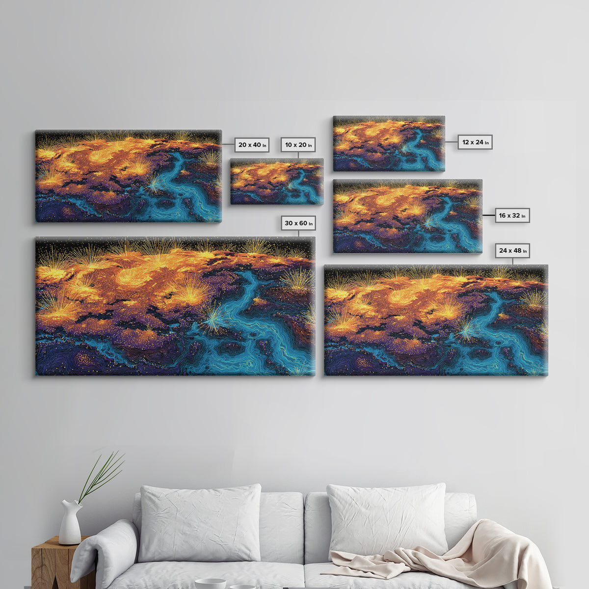Glowing City Lights Earth Canvas Print, Abstract World Map Poster, Modern Wall Art Print, Orange Blue Travel Decor For Office