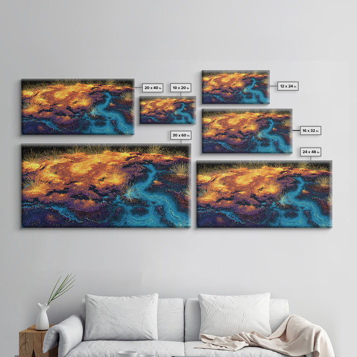 Glowing City Lights Earth Canvas Print, Abstract World Map Poster, Modern Wall Art Print, Orange Blue Travel Decor For Office