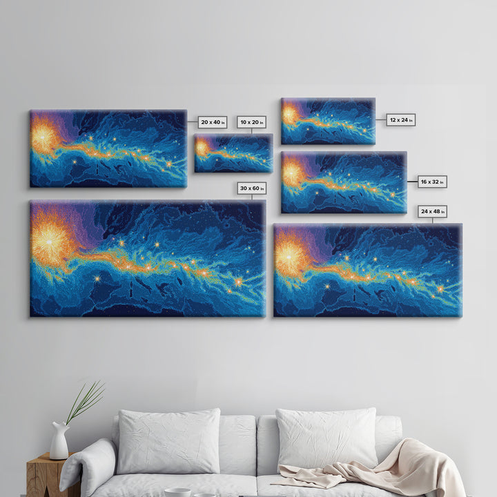 Cosmic Energy Map Wall Art, Blue Orange Abstract Poster, Modern Digital Art Print, Sci Fi Travel Decor For Bedroom And Office