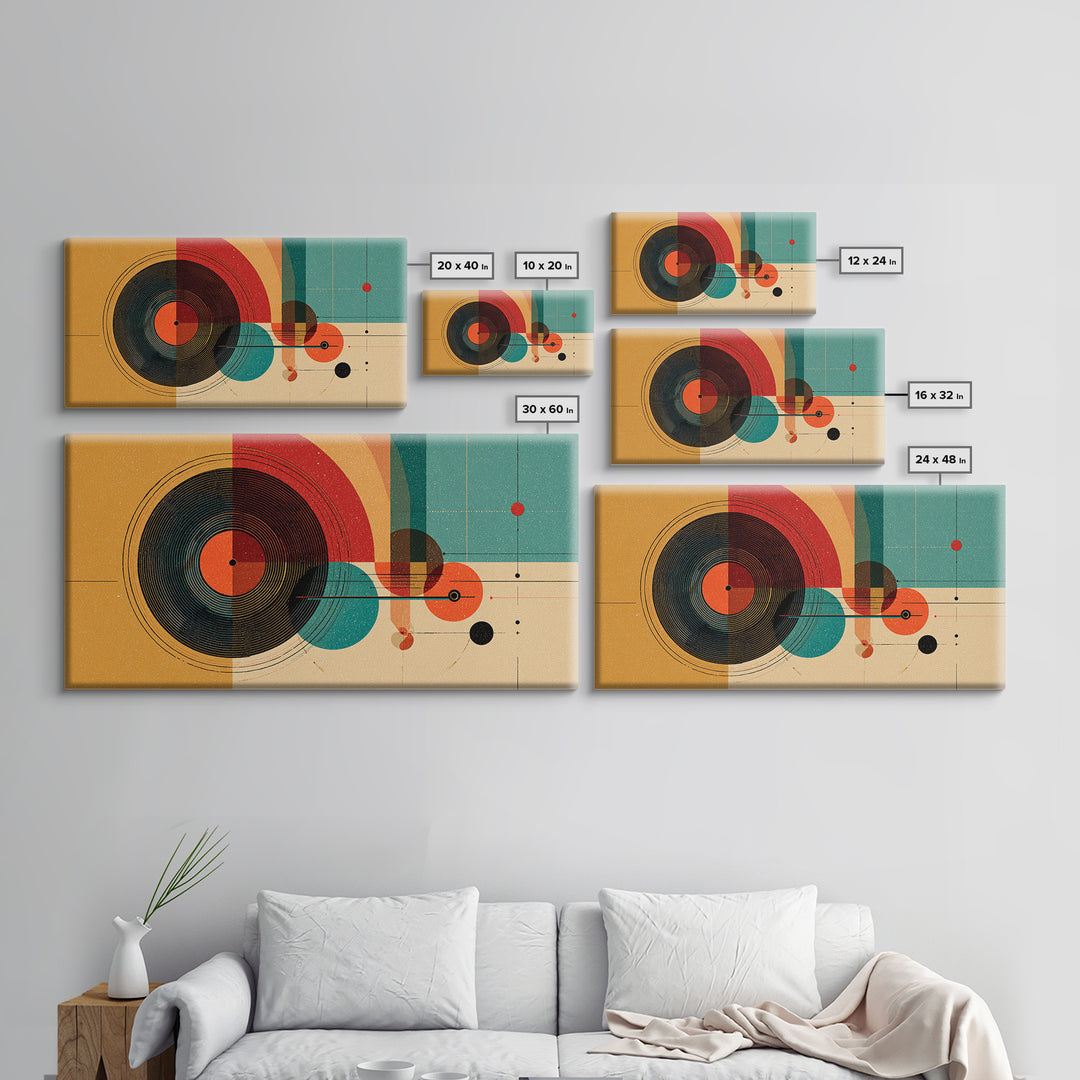 Retro Vinyl Record Wall Art, Midcentury Modern Music Poster, Abstract Geometric Art Print, Orange Teal Decor For Bar Cart