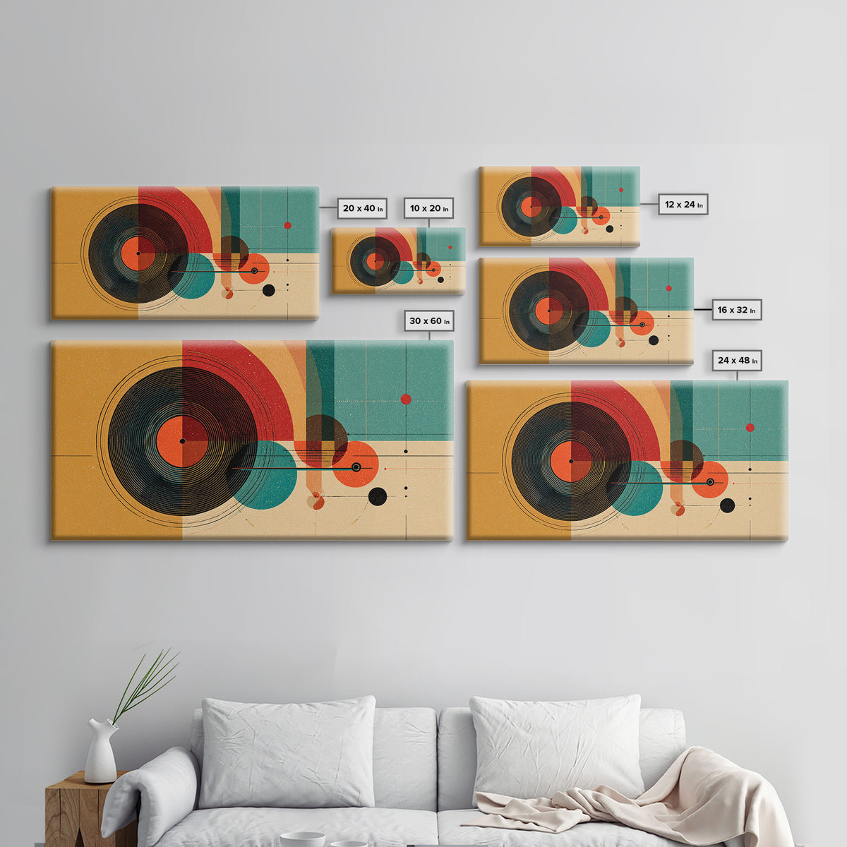Retro Vinyl Record Wall Art, Midcentury Modern Music Poster, Abstract Geometric Art Print, Orange Teal Decor For Bar Cart