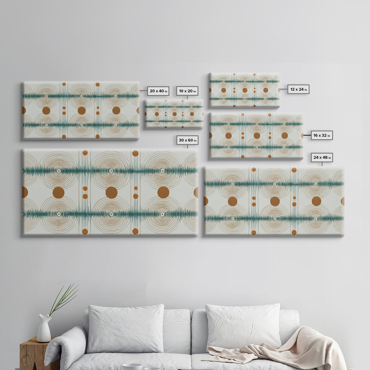 Teal Copper Atomic Sound Wave Framed Canvas Print, Midcentury Modern Art, Geometric Wall Art, Retro Home Office Decor Print