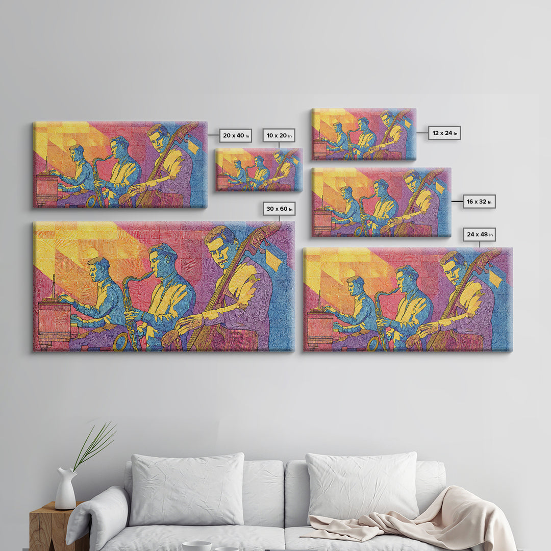 Bright Pop Art Jazz Trio Wall Art, Colorful Midcentury Modern Art Print, Saxophone Piano Bass, Studio Decor Poster Music Gift
