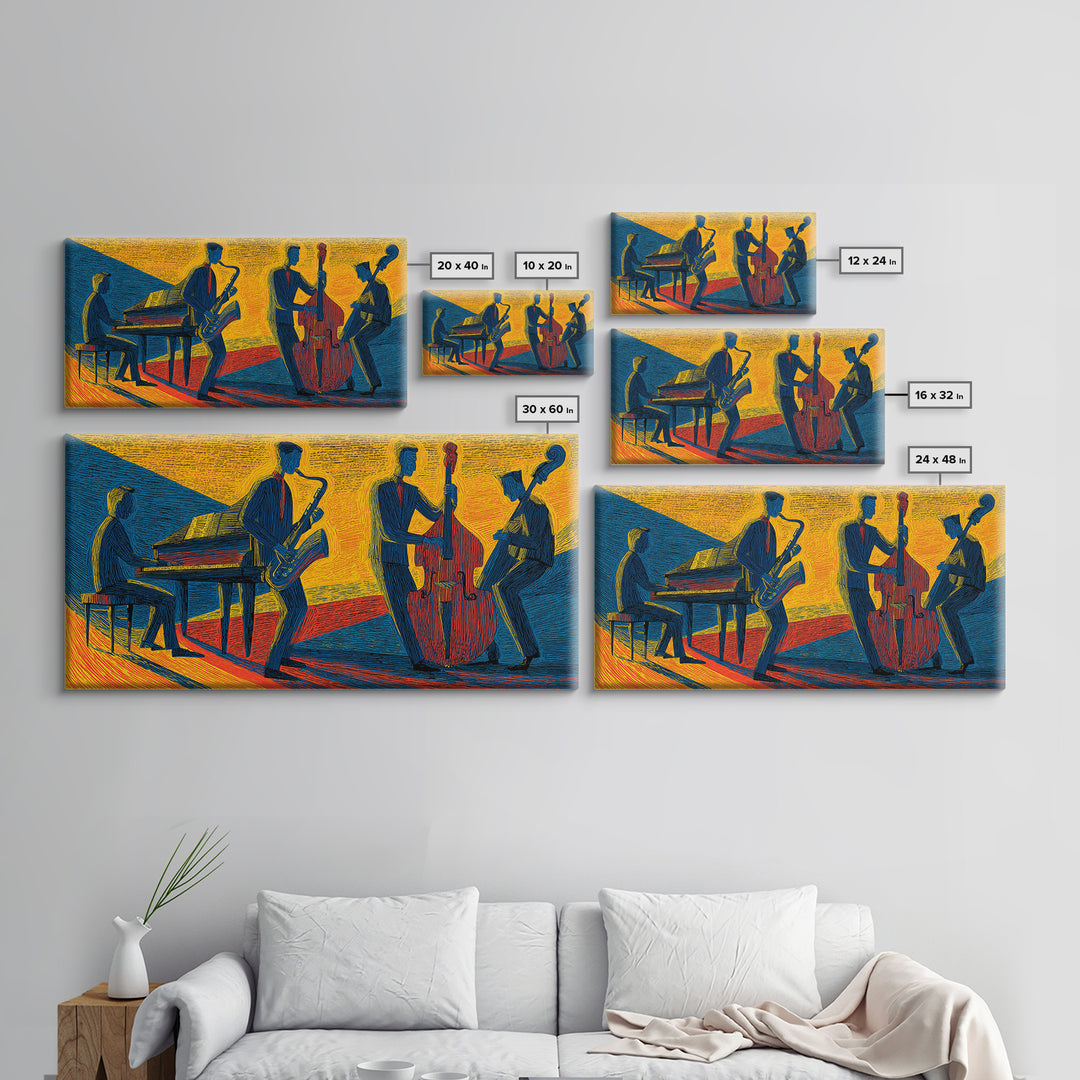 Yellow Blue Jazz Club Quartet Canvas Print, Midcentury Modern Art, Retro Wall Art, Sax Piano Bass Living Room Decor Poster