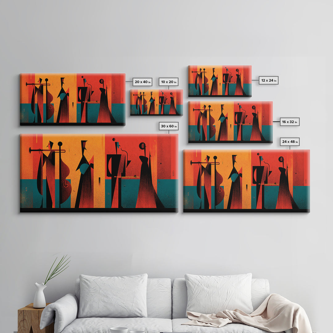 Orange Black Abstract Jazz Ensemble Wall Art, Midcentury Modern Poster, Atomic Art Print, Bold Geometric Home Decor For Musicians