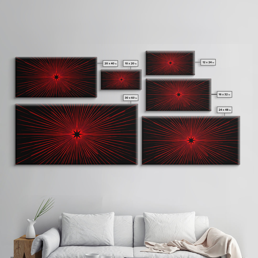 Red Starburst On Black Wall Art, Midcentury Modern Op Art Poster, Atomic Sunburst Canvas Print, Bold Geometric MCM Decor