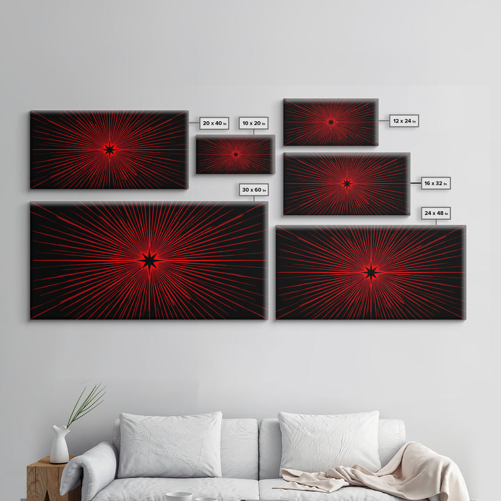 Red Starburst On Black Wall Art, Midcentury Modern Op Art Poster, Atomic Sunburst Canvas Print, Bold Geometric MCM Decor