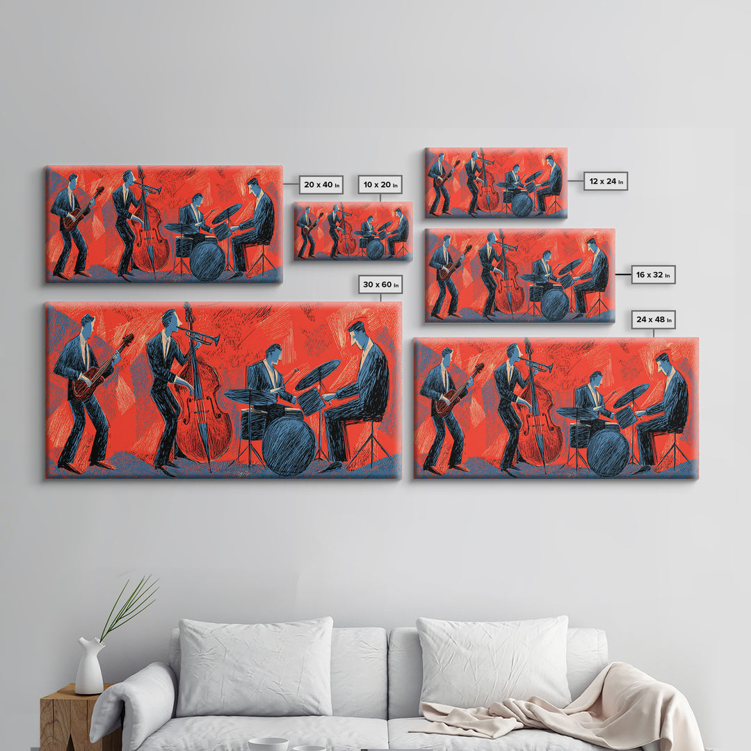 Red Blue Jazz Band Canvas Print, Midcentury Modern Wall Art, Abstract Music Poster, Living Room Decor Gift For Musicians