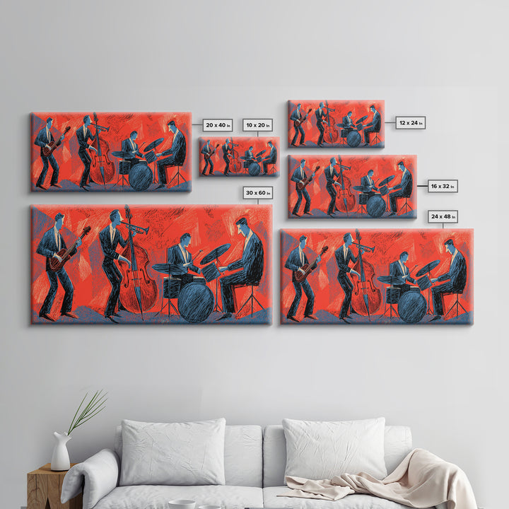 Red Blue Jazz Band Canvas Print, Midcentury Modern Wall Art, Abstract Music Poster, Living Room Decor Gift For Musicians