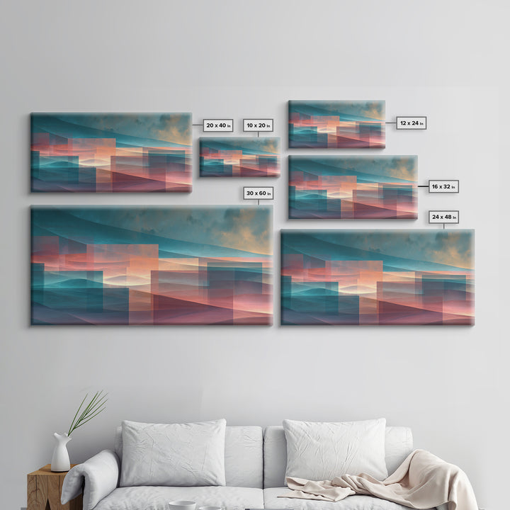 Layered Sunset Mountain Geometry Wall Art, Midcentury Modern Art Print, Teal Pink Landscape Decor, Abstract Home Office Art