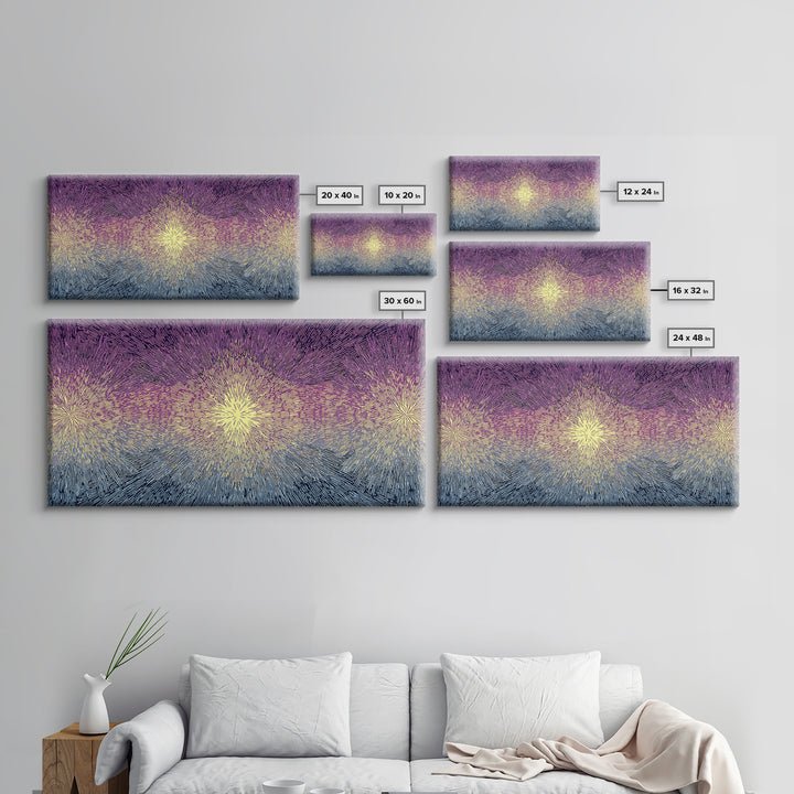Purple Gold Radiant Burst Wall Art, Midcentury Modern Abstract Print, Spiritual Sun Decor, Funky Geometric Home Office Art