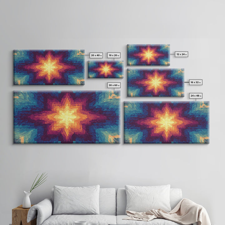 Rainbow Kaleidoscope Starburst Canvas Print, Colorful Midcentury Wall Art, Modern Abstract Art Print, Bold Geometric Decor