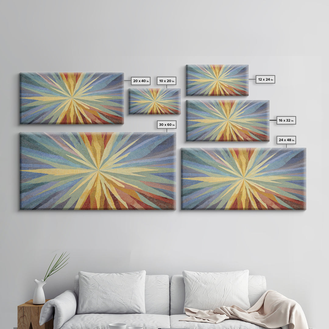 Woven Sunburst Rays Abstract Wall Art, Modern Geometric Art Print, Midcentury Canvas Decor, Blue Yellow Statement Piece Art
