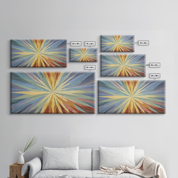 Woven Sunburst Rays Abstract Wall Art, Modern Geometric Art Print, Midcentury Canvas Decor, Blue Yellow Statement Piece Art