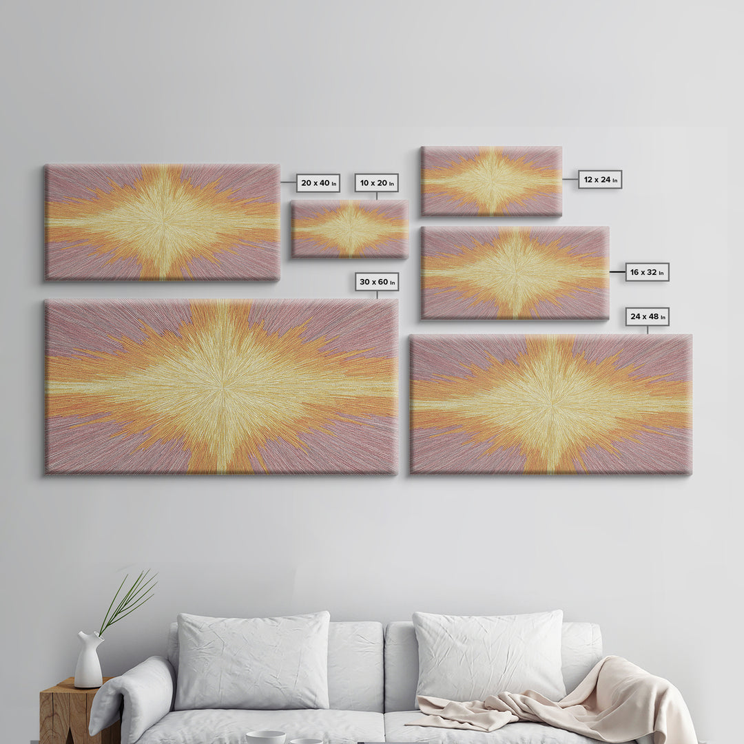Golden Radiant Cross Starburst Framed Canvas Print, Spiritual Wall Art, Modern Christian Abstract Decor, Purple Yellow Art