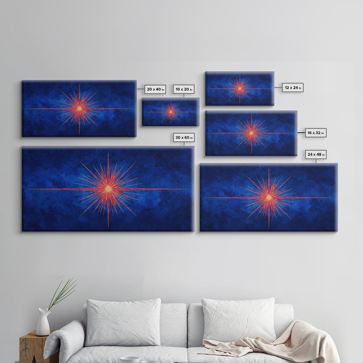 Blue Gold Starburst Framed Canvas Print, Mid Century Modern Atomic Wall Art, Retro Sunburst Poster, Elegant MCM Wall Decor