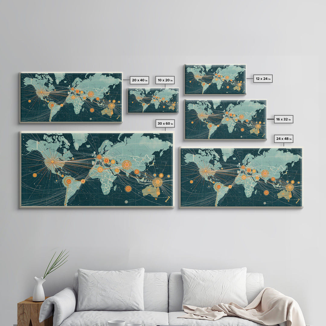 Teal Orange World Map Wall Art, Midcentury Modern Travel Print, Global Network Poster For Office Decor And Living Room Decor