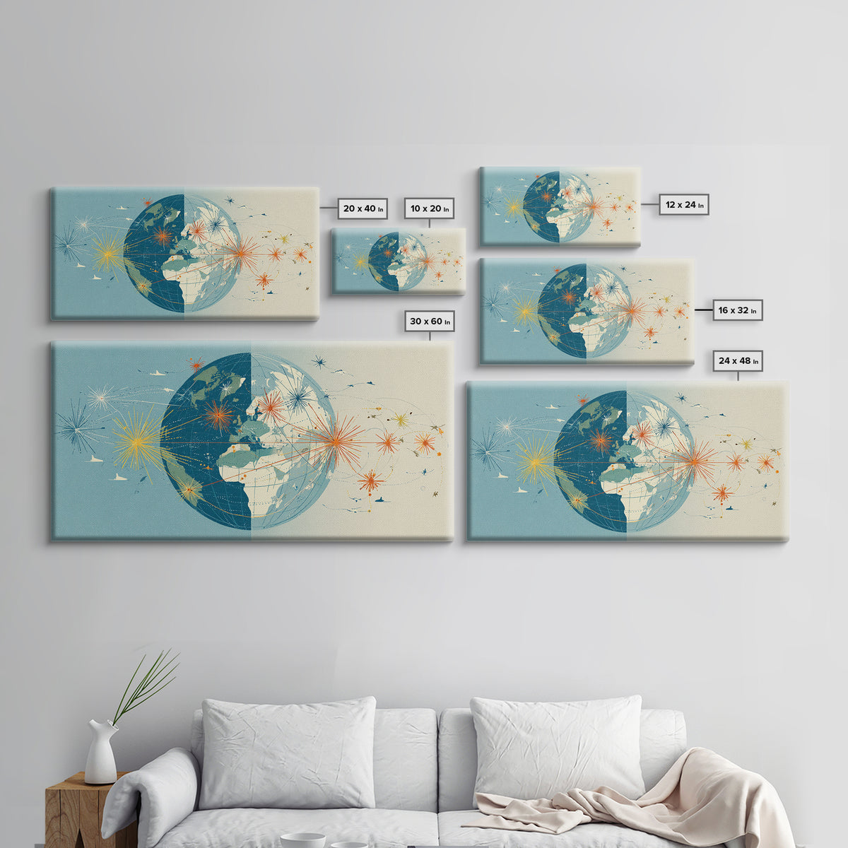 Split Globe Network Wall Art, Midcentury Modern Travel Print, Retro World Map Poster With Starbursts For Home Office Decor