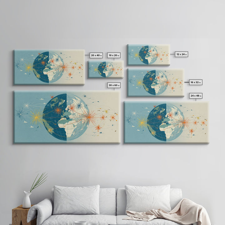 Split Globe Network Wall Art, Midcentury Modern Travel Print, Retro World Map Poster With Starbursts For Home Office Decor