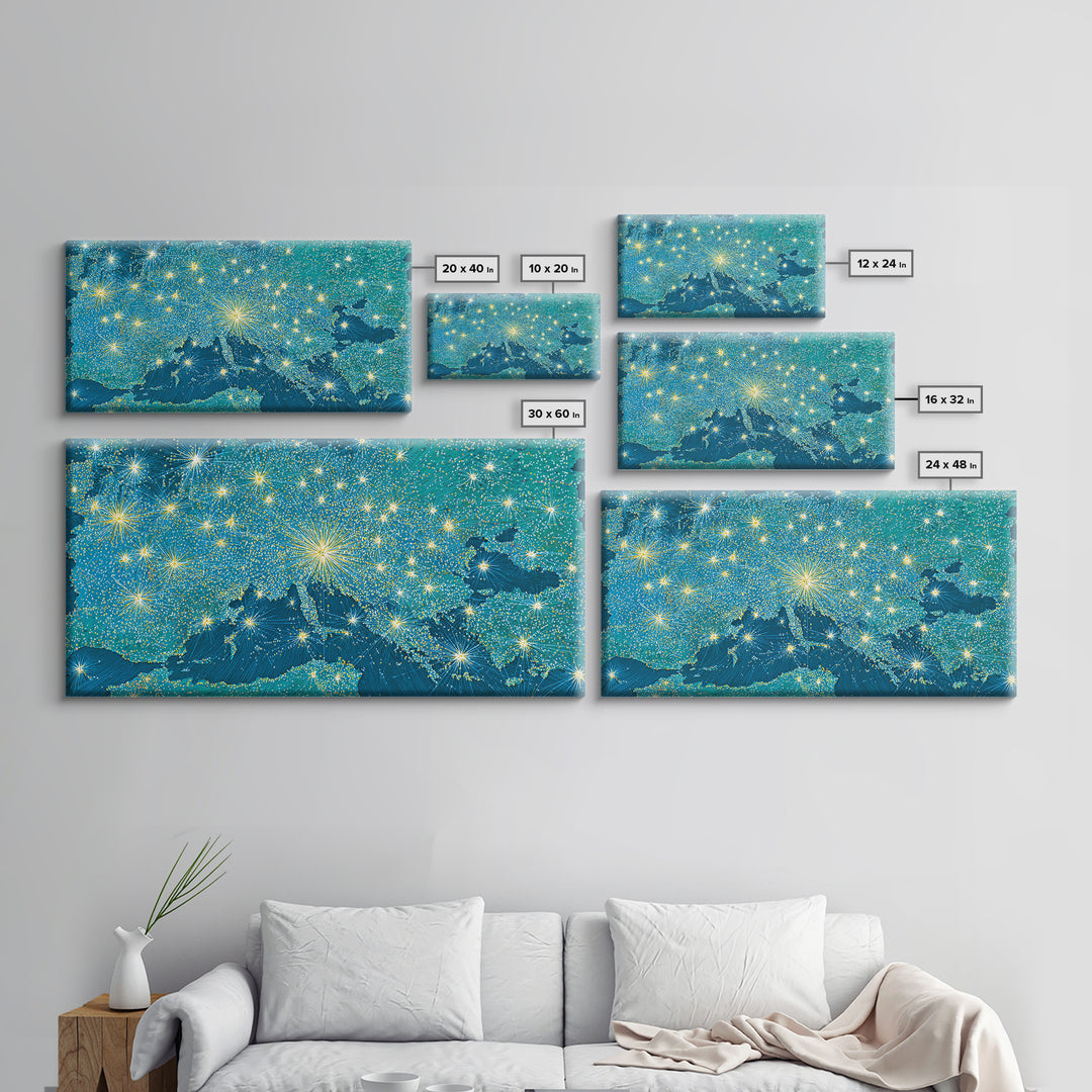 Blue Illuminated World Map Wall Art, Midcentury Modern Travel Print, Global Lights Poster For Office And Living Room Decor