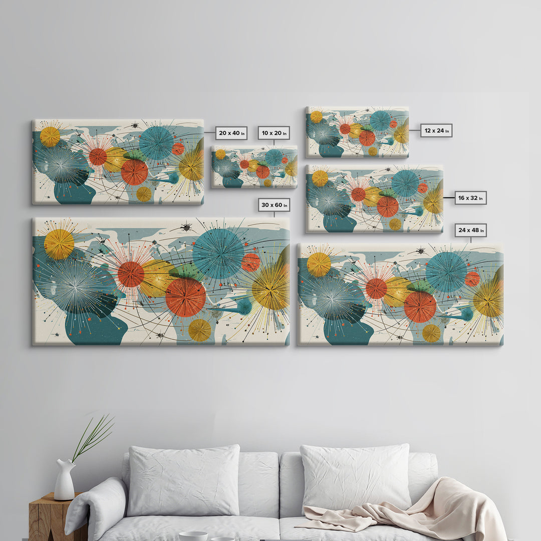 Abstract World Map Starburst Canvas Print, Midcentury Modern Geometric Wall Art, Retro Global Network Decor For Office Or Home