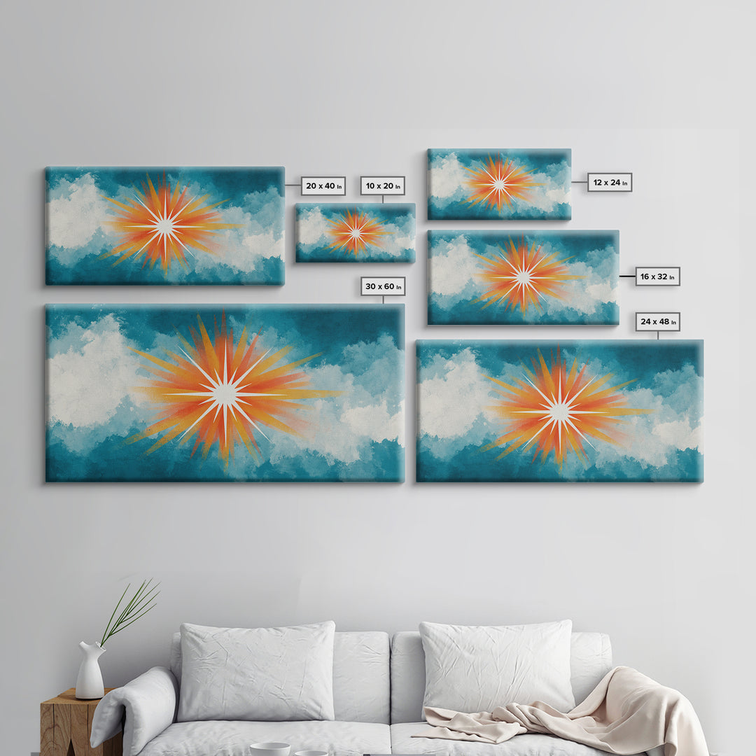 Teal Cloud Sunrise Starburst Canvas Print, Midcentury Modern Nature Wall Art, Retro Sun Poster, Colorful Scenic MCM Decor