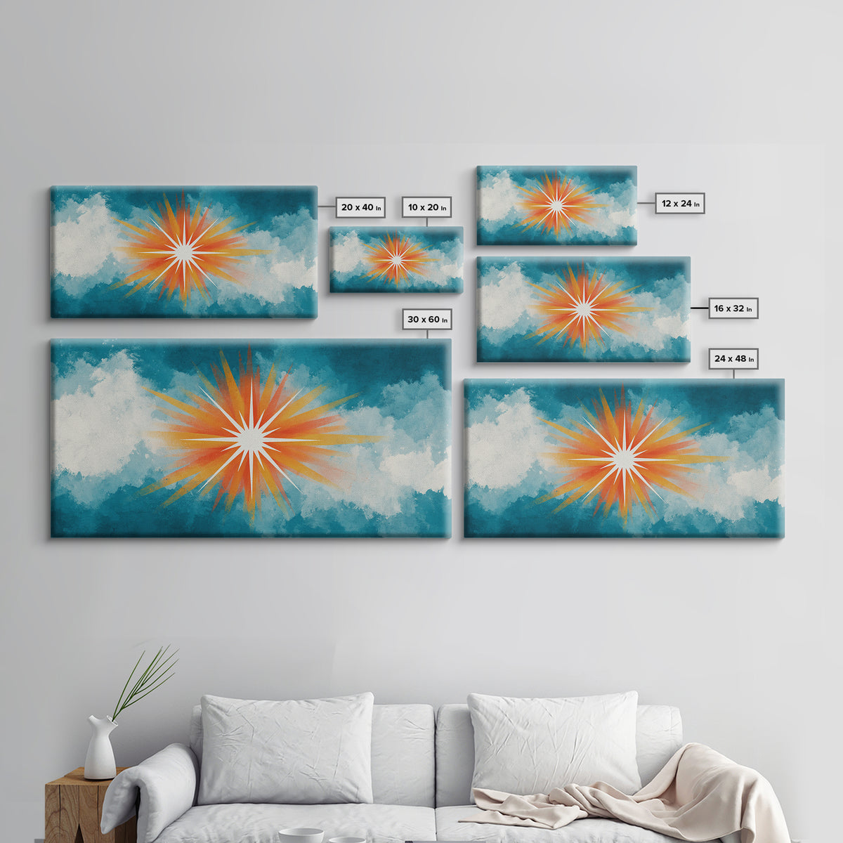 Teal Cloud Sunrise Starburst Canvas Print, Midcentury Modern Nature Wall Art, Retro Sun Poster, Colorful Scenic MCM Decor