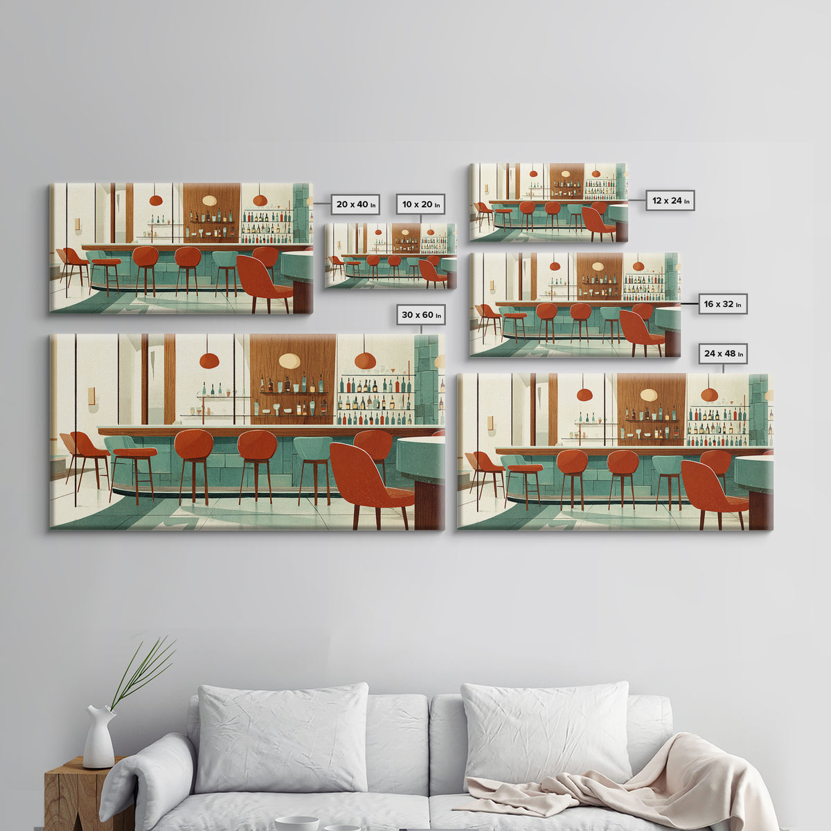Retro Cocktail Bar With Red Chairs And Teal Cabinets, Mid Century Modern Wall Art, MCM Lounge Decor, Canvas Style Print Gift