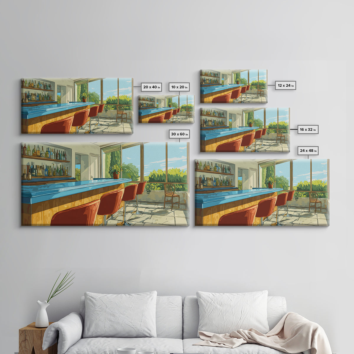 Sunlit Patio Cocktail Bar With Blue Counter And Red Stools, Mid Century Modern Wall Art, Retro Lounge Decor, Scenic Bar Print