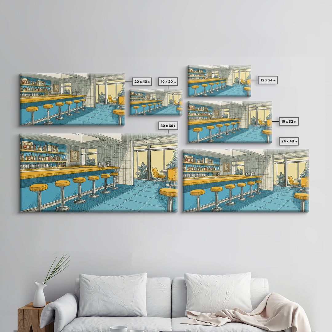 Retro Blue And Yellow Hotel Bar With Round Stools, Mid Century Modern Wall Art, MCM Lounge Decor, Diner Interior Print Poster