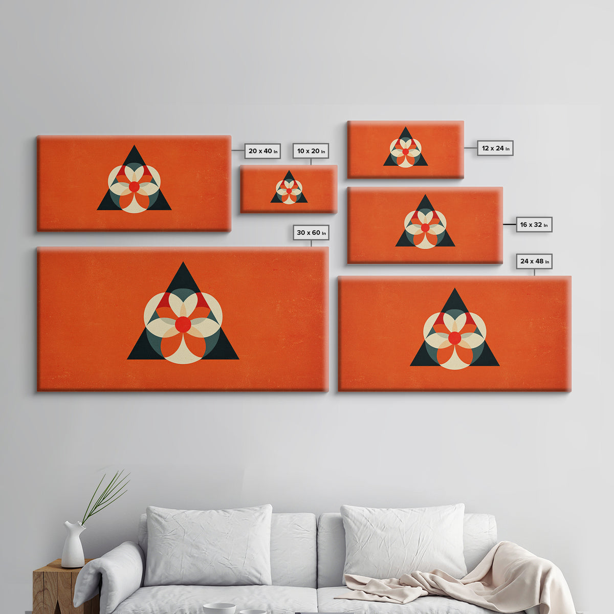 Orange Geometric Flower In Black Triangle, Mid Century Modern Canvas Print, Atomic Bauhaus Wall Decor, Abstract MCM Poster