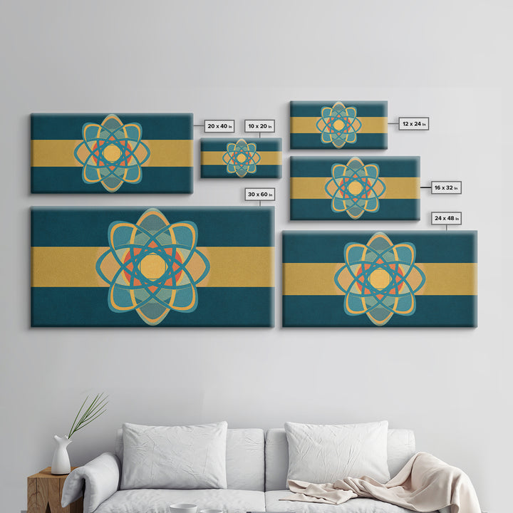 Teal And Gold Atomic Orbit Abstract, Mid Century Modern Wall Art, Retro Science Decor, Geometric MCM Canvas Print Poster