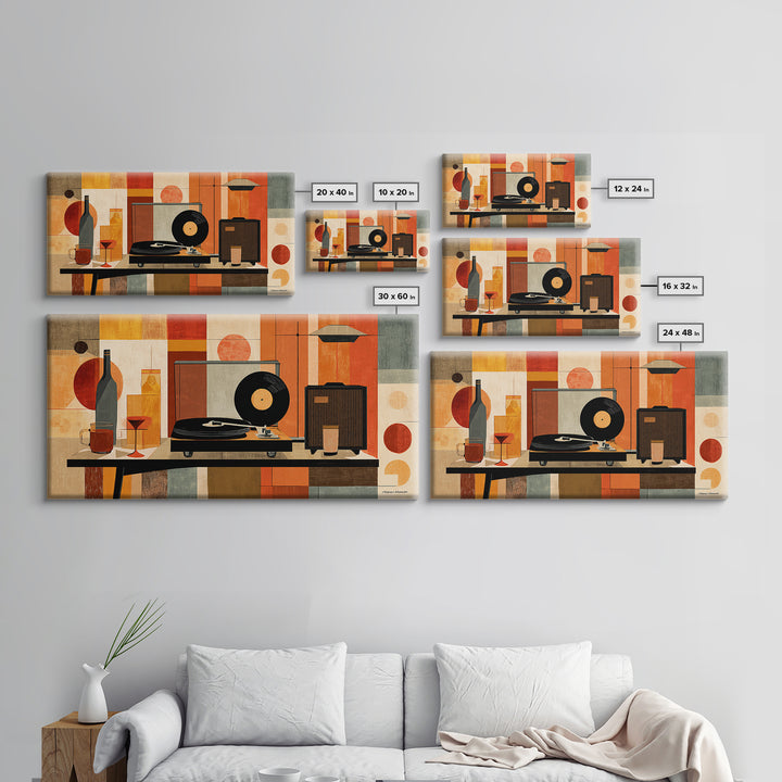 Midcentury Record Player Still Life With Bottle And Radio, Framed Canvas Print, MCM Wall Art, Retro Music Home Decor Poster