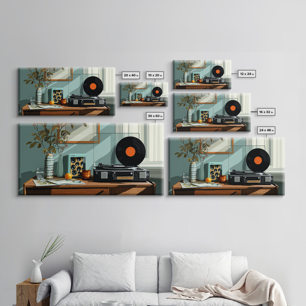 Modern Record Player And Plant Framed Canvas Print, Mid Century Modern Wall Art, Retro Vinyl Decor For Office Or Music Room