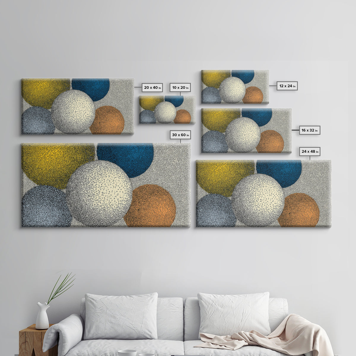 Large Dotted Circle Abstract Wall Art, Mid Century Modern Geometric Poster, Blue Orange Spheres Print For Living Room Decor