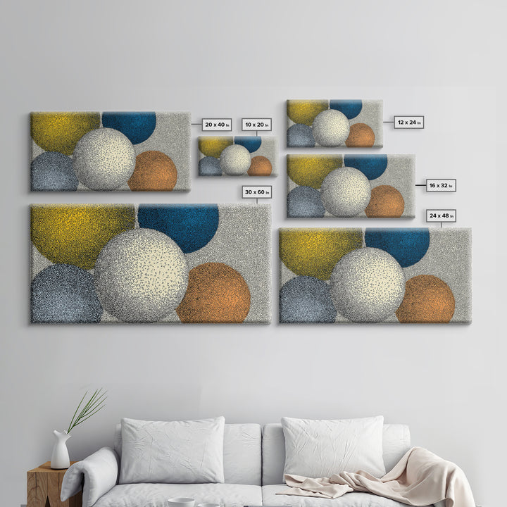 Large Dotted Circle Abstract Wall Art, Mid Century Modern Geometric Poster, Blue Orange Spheres Print For Living Room Decor